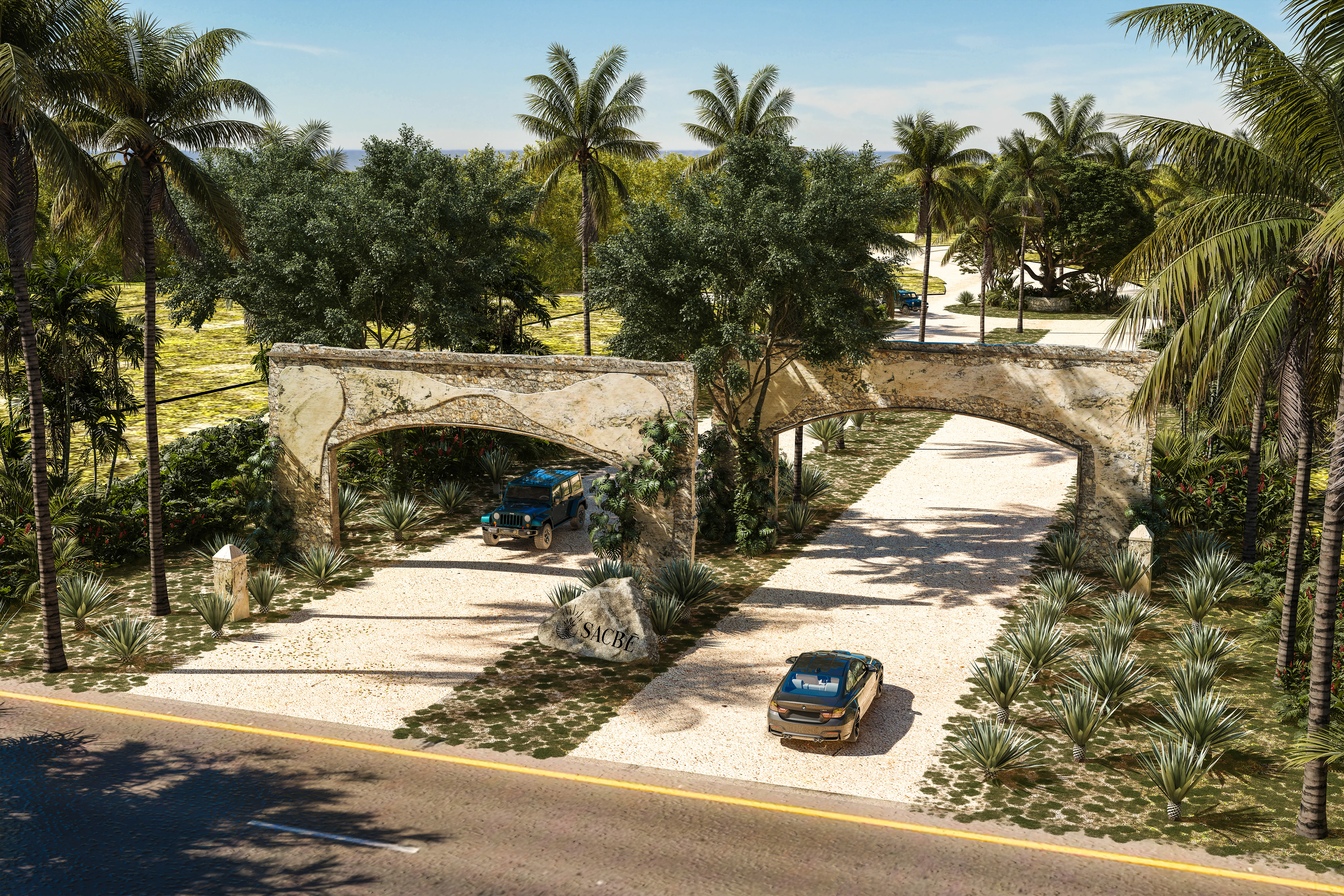 Acceso residencial con vegetación y autos